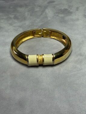 Anne Klein Gold Tone Hinged Bangle Bracelet with Cream Accent